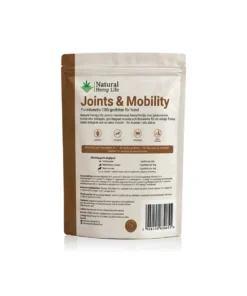 Baksida av CBD hundgodis Joints & Mobility med ingredienser och doseringsguide för hund