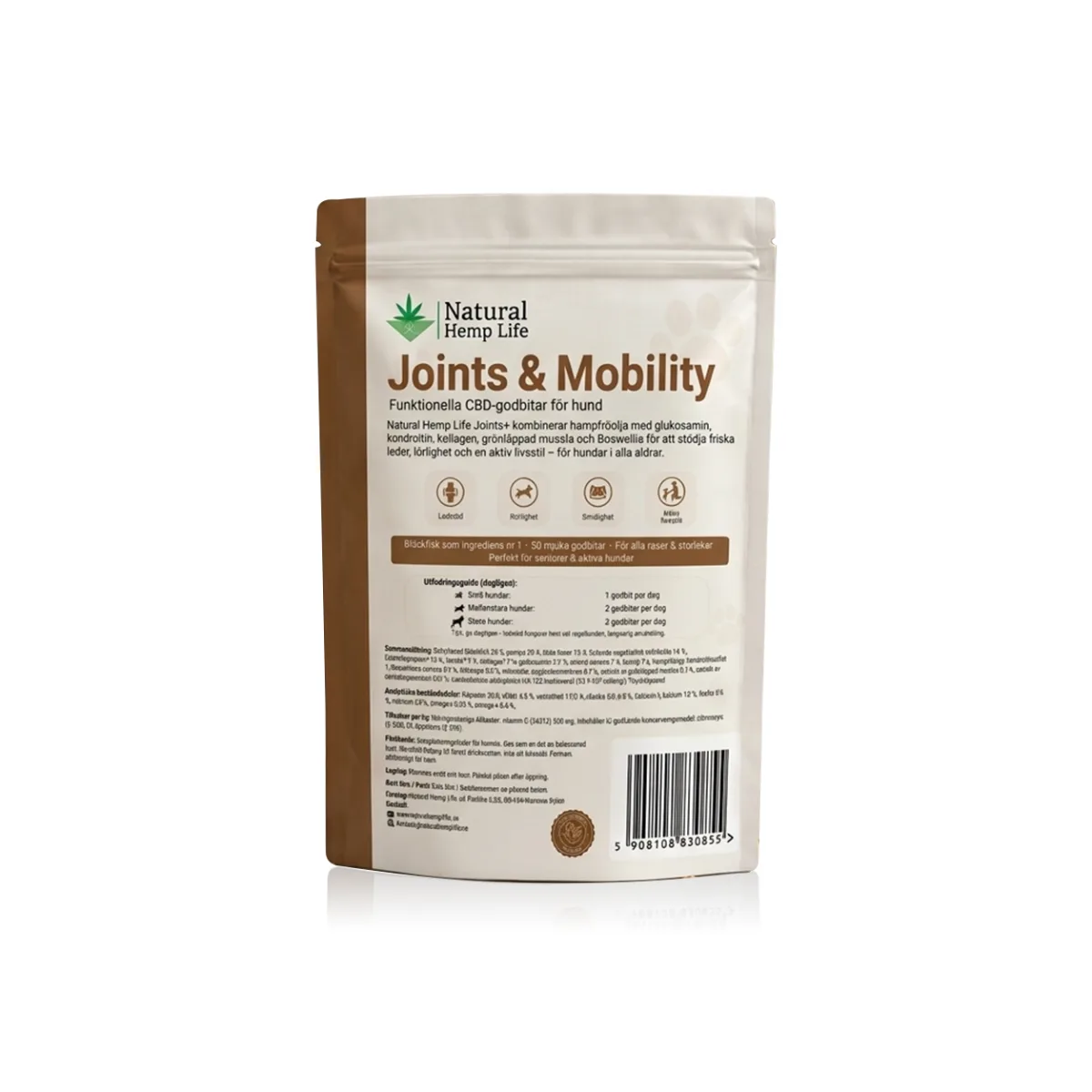 Baksida av CBD hundgodis Joints & Mobility med ingredienser och doseringsguide för hund