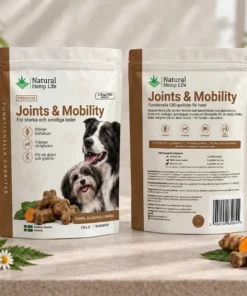 Fram och baksida av CBD hundgodis Joints & Mobility, funktionellt hundgodis för smidiga leder