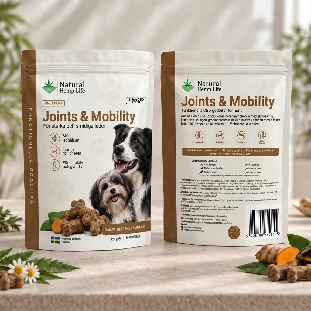 Fram och baksida av CBD hundgodis Joints & Mobility, funktionellt hundgodis för smidiga leder