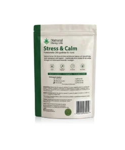 Baksida av CBD hundgodis Stress & Calm med ingredienser och doseringsguide för hund