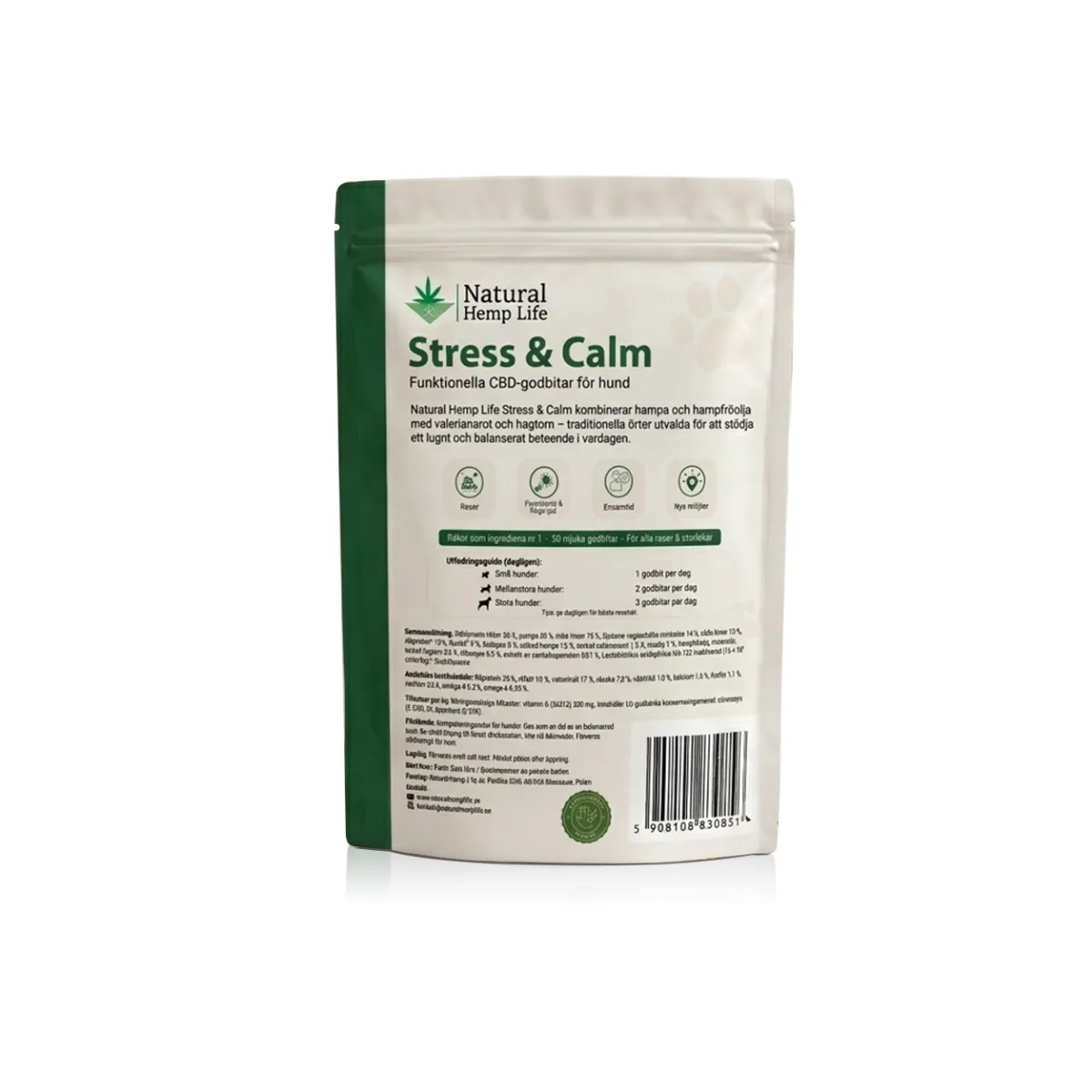 Baksida av CBD hundgodis Stress & Calm med ingredienser och doseringsguide för hund