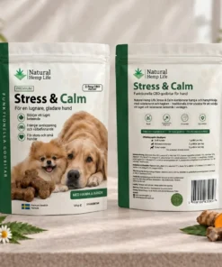 Fram och baksida av CBD hundgodis Stress & Calm, lugnande hundgodis för en lugnare hund