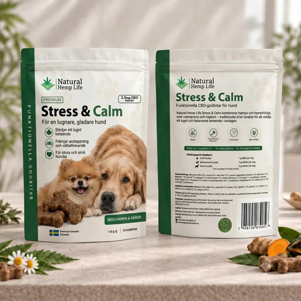 Fram och baksida av CBD hundgodis Stress & Calm, lugnande hundgodis för en lugnare hund