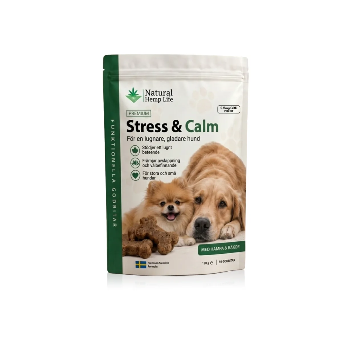 CBD hundgodis Stress & Calm 150mg från Natural Hemp Life, 60 lugnande godbitar för en avslappnad hund